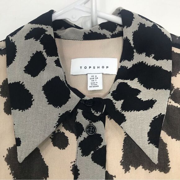 TopShop Tan Black Animal Print Semi Sheer Long Sleeve Button Up Tunic Blouse - Picture 6 of 16